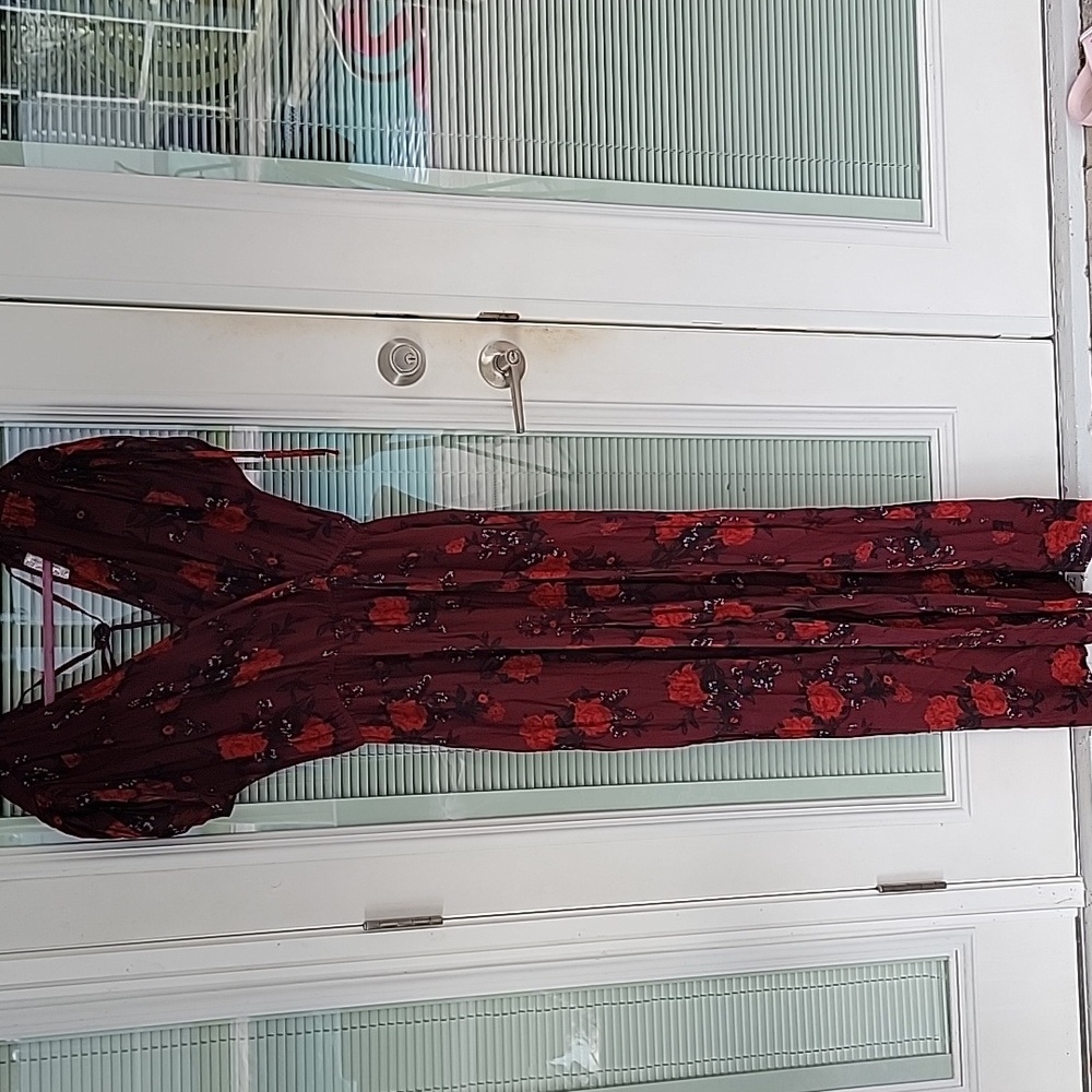 Band of Gypsies Morgan Wide Leg Floral Jumpsuit Burgundy with Roses Sz M - Picture 3 of 15